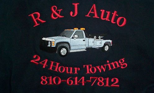 R and J Auto 24 Hour Towing embroidered logo