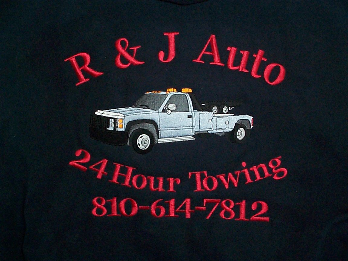 R and J Auto 24 Hour Towing embroidered logo on navy background